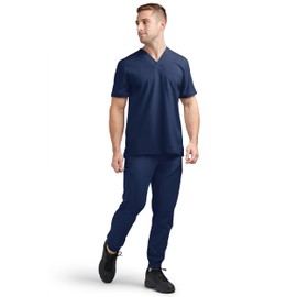 Tafford Active Stretch Men’s Jogger Scrub Set – Includes V-Neck Top and Drawstring Jogger Pant (Small, Navy)