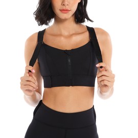 Women's Zip Front Sports Bra High Impact Support Wirefree Active Athletic Yoga Gym Bras Black, Large