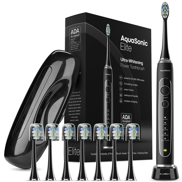 Aquasonic Elite Ultra-Whitening Toothbrush – ADA Accepted Power Toothbrush - 8 Proflex Brush Heads & Travel Case – 50,000 VPM Motor & Wireless Charging - 5 Modes w Smart Timer (Black)