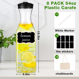Lallisa 8 Pcs 54 oz Plastic Carafe Water Carafe with Lid Clear Plastic Pitcher with Lid Square Base Drink Containers for Fridge Mimosa Bar Supplies Water, Milk, Juice with Labels Hanging Tags