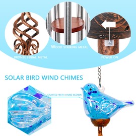 Naboher Wind Chimes, Solar Glass Bird Shape, LED, Outdoor Lawn and Patio Glass and Metal Decoration, 7 x 4 x 44 inches (Light Blue)