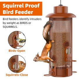 Metal Squirrel Proof Bird Feeder,Bird Feeders for Outdoors,Weight Activated Squirrel Proof Wild Bird Feeders with Finch Cardinal Chickadee,Large Capacity,Weatherproof and Durable,Reddish Brown