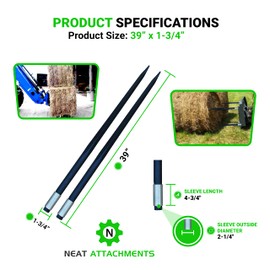 39" Hay Bale Spear 3000 LBs Capacity, C-2 Bale Spike Square Tapered Forged - 1 3/4" Conus 2, Bale Hay Spike with Hex Nut & Weld in Sleeve (2)