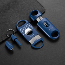 CIGARLOONG Cigar Cutters with Cigar Punch, Double Guillotine Cutter Sharp Blades Scissors Pocket Cigar Tool Suitable for Most of Size Cigars,3pcs (Blue)