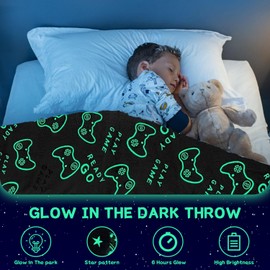 CoFlink Glow in Dark Game Blanket, 59×51 Inch Soft Flannel Fleece All Season Throw Blanket with Cute Pattern for Christmas Kids Gift (Gray-Game)