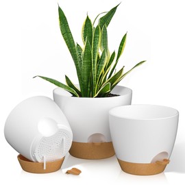 FIASON Plant Pots Self Watering Planters 12/10/9 Inch Plastic Flower Pot with Drainage Holes and Watering Lip for Indoor Outdoor Plants (3 Pack，White)