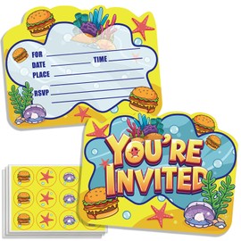 TYHJOY 24 Pcs Cartoon Yellow Birthday Party Invitations with Envelopes, Funny Underwater Party Invite Cards for Sponge-Themed Birthday Party Decorations Supplies