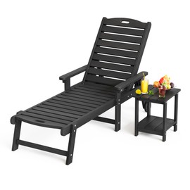 LUE BONA HDPS Chaise Lounge Chair with Table, 2-Piece,Outdoor Pool Lounge Chairs with Adjustable Backrest, Resin Patio Lounge Chairs with Wheels for Outside, Poolside, Black