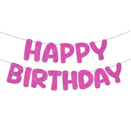 Fulmoon Glitter Pre Strung Happy Birthday Banner No DIY Party Decorations Happy Birthday Sign Decor for Men Women Boy Girls Backdrop(Hot Pink)