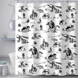 Western Cowboy Shower Curtain, Wild West Cowboy Ride Horse Desert Cactus Shower Curtain for Bathroom, Farmhouse Country American West Theme Fabric Decor Bath Curatain Set with Hooks, 69X70 Black