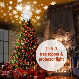 Artmag Christmas Tree Topper Lighted with White Snowflake Projector, LED Rotating Snowflake 3D Glitter Lighted Gold Snow Tree Topper for Christmas Tree Decorations (Silver)