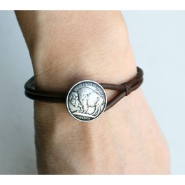 Buffalo Coin Leather Bracelet for Men Women