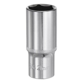 sourcing map 6-Point Socket 3/8" Drive 21mm Deep 2.52" Length 45# Steel Metric Square Drive Sockets Polishing Chromed Sockets for Car Repair Mechanical Maintenance Home Use