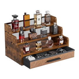 Yuzehuaza 3 Tier Perfume Organizer with Drawer，Wooden Cologne Organizer for Men，Retro Perfume Stand Organizer，Display Riser Shelf Holder for Skincare Makeup Organizers，Rustic Brown