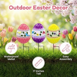 VinSees Easter Egg Metal Yard Stakes, Outdoor Holiday Decorations Set of 3, 17 Inch Metal Easter Garden Decor, Colorful Spring Lawn Ornaments, Waterproof Easter Gift