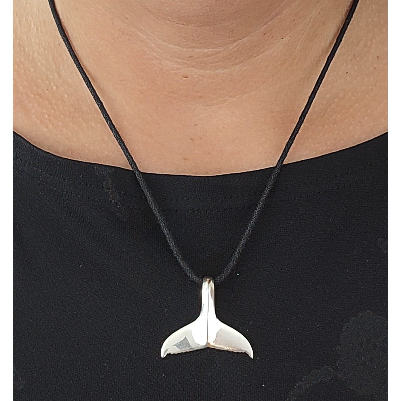 Whale Fin Pendant in 925 Sterling Silver with Cotton Necklace