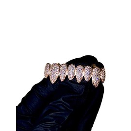 14k Rose Gold Joker Pink Grillz for Mouth Top Bottom Hip Hop Teeth Grills for Teeth Mouth Grillz for Mouth Top Bottom Hip Hop 8 Teeth Prong Set Cz Diamonds Grills for tooth (Bottom Only)