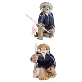 GANAZONO Fish Tank Landscape Ornament 2Pcs Fisherman Figurine Ceramic Miniature Fisherman Ornament Tea Set Ornaments People Ceramic Statues Figures Bonsai Plant Decoration Aquarium Decor