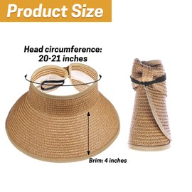 Girls Roll Up Straw Sun Visor, Wide Brim UV Protection Beach Hat with Bowknot and Adjustable Hook and Loop, Paper Straw, 4-Inch Brim(Khaki)