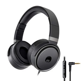 rockpapa Grade Wired Headphones with Microphone, Lightweight Foldable Stereo Bass Headphones with No-Tangle Cord & 3.5mm Jack for Women/Kids, Laptop Computer Tablet Airplane Chromebooks Phone Black