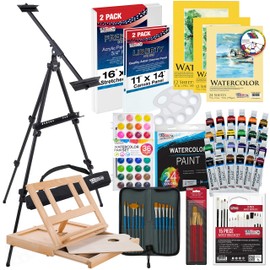 U.S. Art Supply 70-Piece Artist Watercolor Painting Set with Aluminum Field Easel, Wood Table Easel, 60 Watercolor Paint Colors, 34 Brushes, 2 Stretched Canvases, 6 Canvas Panels, 3 Paper Painting Pad