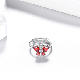 Red Butterfly Rings Women 925 Sterling Silver Animal Butterflies January Birthstone Garnet Band Adjustable Ring Crystal Wedding Birthday Jewelry DR0122J