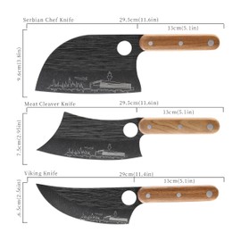 Lccowot 3 Piece Butcher Knife Set, 7" Butcher Meat Cleaver, 7" Serbian Chef Knife and 6.5" Viking Knife, Kitchen Knife Set with Wood Handle for Home, Outdoor, Camping BBQ (Unique Airport Pattern)