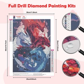 HEIBAGO 5D Diamond Painting Kits for Adults, DIY Dragons Full Drill Diamond Art Painting Kits, Diamond Dots Kits Animals Crystal Rhinestone Embroidery Art Pictures for Beginners, Home Wall 30x40cm