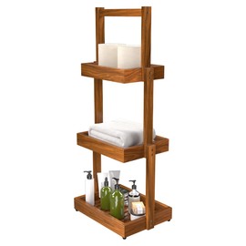 promitop Teak Shower Shelf Bathroom Organizer - 3 Tier Multipurpose Shower Caddy with Non-Slip Base, Rustproof Durable Standing Towel Rack Toilet Paper Roll Holder for Bathroom Livingroom
