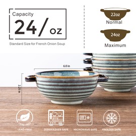 GBHOME Ceramic Soup Bowls with Double Handles, 24 OZ Soup Cups Set for Soup, Cereal, Stew, Salad, Noodles, Ramen，Microware &Dishwasher Safe, Set of 4