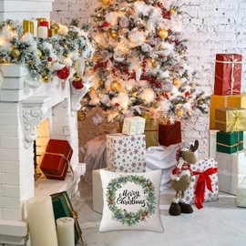 Merry Christmas Wreath Pillow Cover, 18x18 inch Linen Garland Xmas Decorative Throw Pillow Cover, Double Sided Printing Zipper Cushion Case, Winter Decoration Winter Holiday Pillowslip for Home Sofa