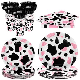 durony 144 Pieces Pink Cow Print Party Tableware Set Including Cowgirl Pink Cow Party Plates Cups Napkins Forks Serves 24 for Baby Shower Farm Cow Party Decorations