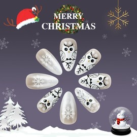 Almond Press on Nails Christmas Fake Nails French Owl Designs Gloss False Nails Full Cover Stick on Nails Acrylic Winter Artificial Nails for Women Glue on Nails（24PCS ）