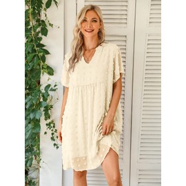 MIHOLL Womens 2024 Summer Smocked Dress Short Sleeve V Neck Swiss Dot Babydoll Ruffle Mini Dress(Apricot,Small)