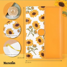 Mazeran Floral Magnetic Journals, Elegant Faux Leather Hard Cover B6 Executive Notebook Travel Diary, sunflowers