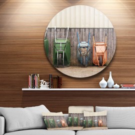 Designart Row of Wheelbarrows-Landscape Photo Circle Wall Art-Disc of 23, 23'' H x 23'' W x 1'' D 1P, Gray