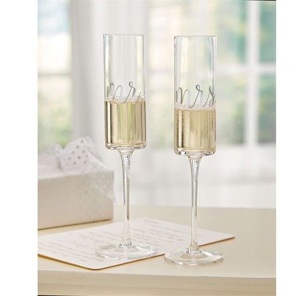 Mud Pie Mrs. Wedding Champagne Glass Set, One Size, Silver, 9 fluid ounces