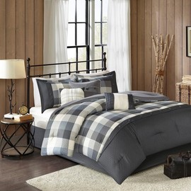 YLIEHS Comforting and Stylish 7 Piece Herringbone Comforter Set for Queen Bed, Bold Plaid Pattern in Grey