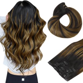 HOTBANANA Human Hair Clip in Hair Extensions, Balayage Natural Black to Golden Brown 120g Clip in Hair Extensions Real Human Hair Straight Remy Hair Clip Ins 16 Inch 7pcs