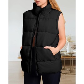 Polu Womens Puffer Vest 2024 Trendy Sleeveless Zip Up Outerwear Lightweight Down Winter Stand Collar Padded Puffy Jackets Coats with Pockets Black S