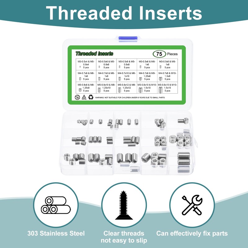 sourcing map 75Pcs Threaded Inserts, 10 Sizes Stainless Steel 303
