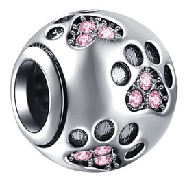 Jan-Dec Birthstone Paw Print Charms Fit European Bracelet, 925 Sterling Silver Pet Cat Dog Paw Print Heart Footprint Beads with Crystal Like Football Ball, Gifts for Women/Men, Sterling Silver