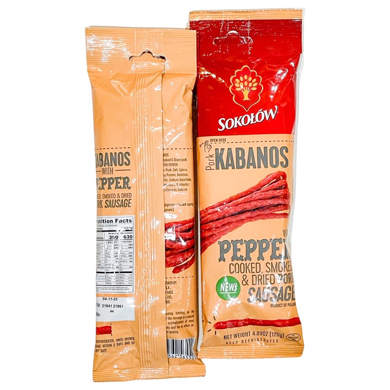 Dry Thin Kabanos with Pepper, Cooked, Smoked and Dried Pork