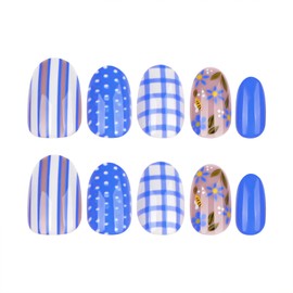 SINHOT Round Press on Nails Short - Cute Flower Fake Nails Glossy Glue on Nails Blue Cute Pattern Acrylic Nail Oval Supplies Artificial Nail Stick on False Nail with Design DIY 24 pcs