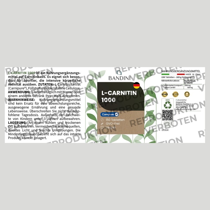 Bandini L-Carnitine Premium Raw Material Carnipure, Maximum Dosage, 1000 mg,