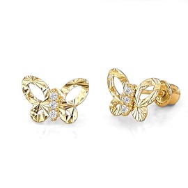 14k REAL Yellow Gold Diamond Cut Butterfly Stud Earrings with Screw Back