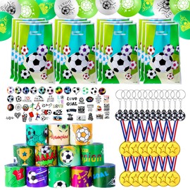 GSrenyu 110 pcs Football Party Bags Fillers,Party Supplies,Football Key Rings,Balloons,Winner Medal,Football Stickers,Bags,Bracelet,fillers party bags for Kids Birthday