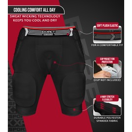 Exxact Sports Rebel 5-Pad Adult Football Girdle for Men with Integrated Hip, Thighs, Tailbone Pads, Padded Compression Shorts, Mens Girdle Football with Cup Pocket (Black, AXL), X-Large