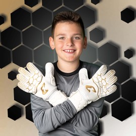 Catch & Keep Kralle Junior Pro Children's Goalkeeper Gloves, Premium Goalkeeper Gloves for Children, Goalkeeper Gloves with Extra Strong Grip (Version 3.0 - Gold / White, 5)
