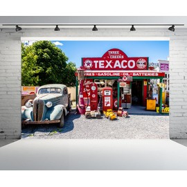 CHNYWORK 7x5ft Retro Gas Station Backdrop Classic Theme Route 66 Service Station Gas Pumps Retro Car Texaco Store Background Vintage Birthday Wedding Party Decor Studio Photo Booth Props Wallpaper